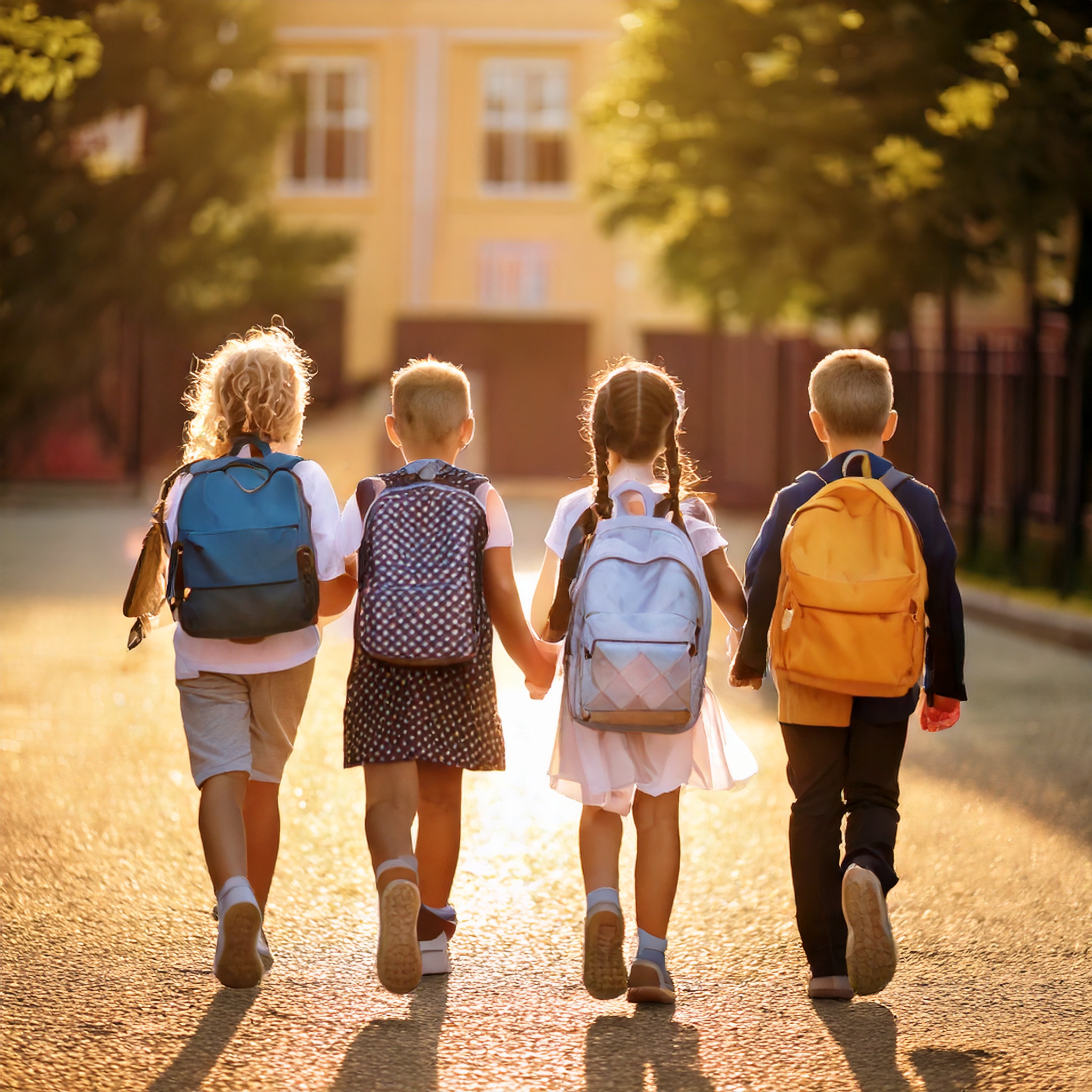 Image of four school children walking to school
